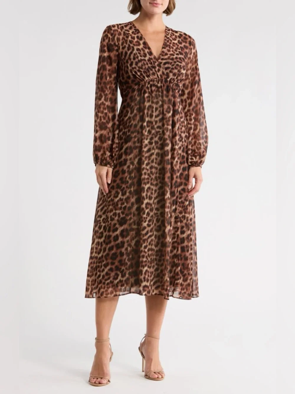 DKNY Chiffon Leopard Print Blouson Sleeve Empire Waist Dress - Picture 7 of 16